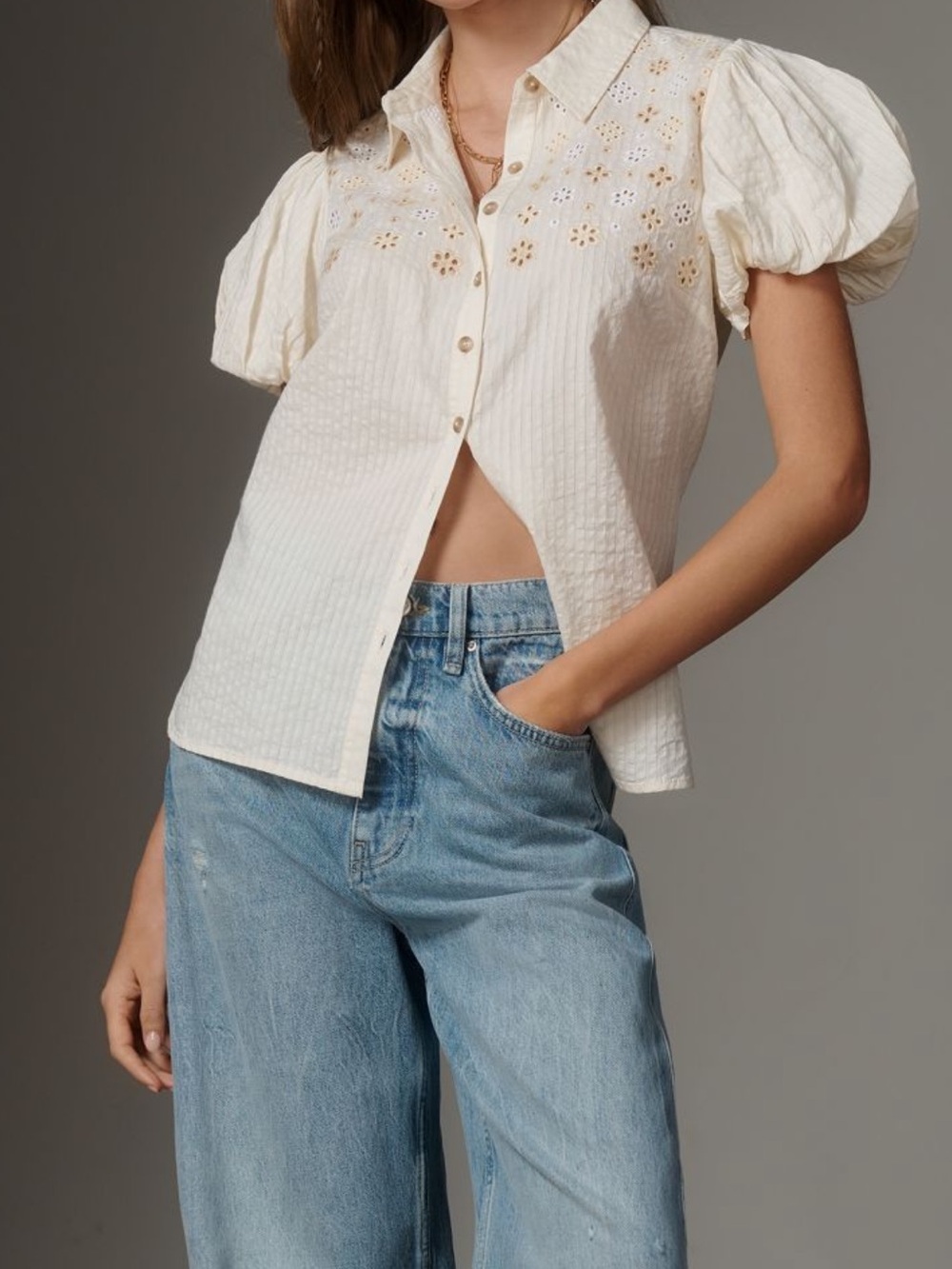 Pilcro Cream Eyelet Puff-Sleeve Button-Down Shirt - Picture 3 of 5